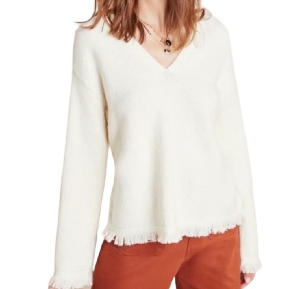 By Anthropologie Joy Cream V-Neck Sweater Fringe Sz XS Pullover Bohemian Casual